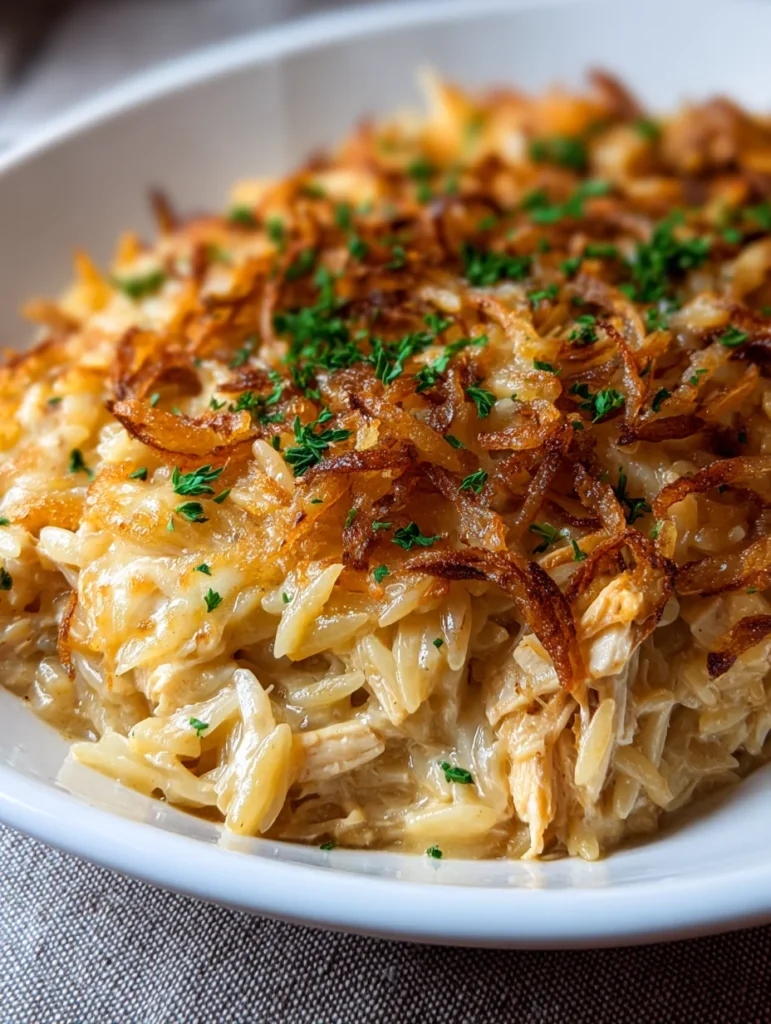 French Onion Chicken Orzo Casserole