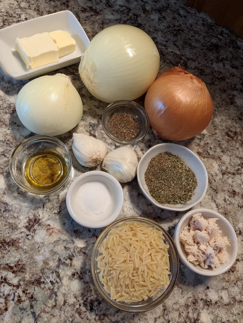 French Onion Chicken Orzo Casserole