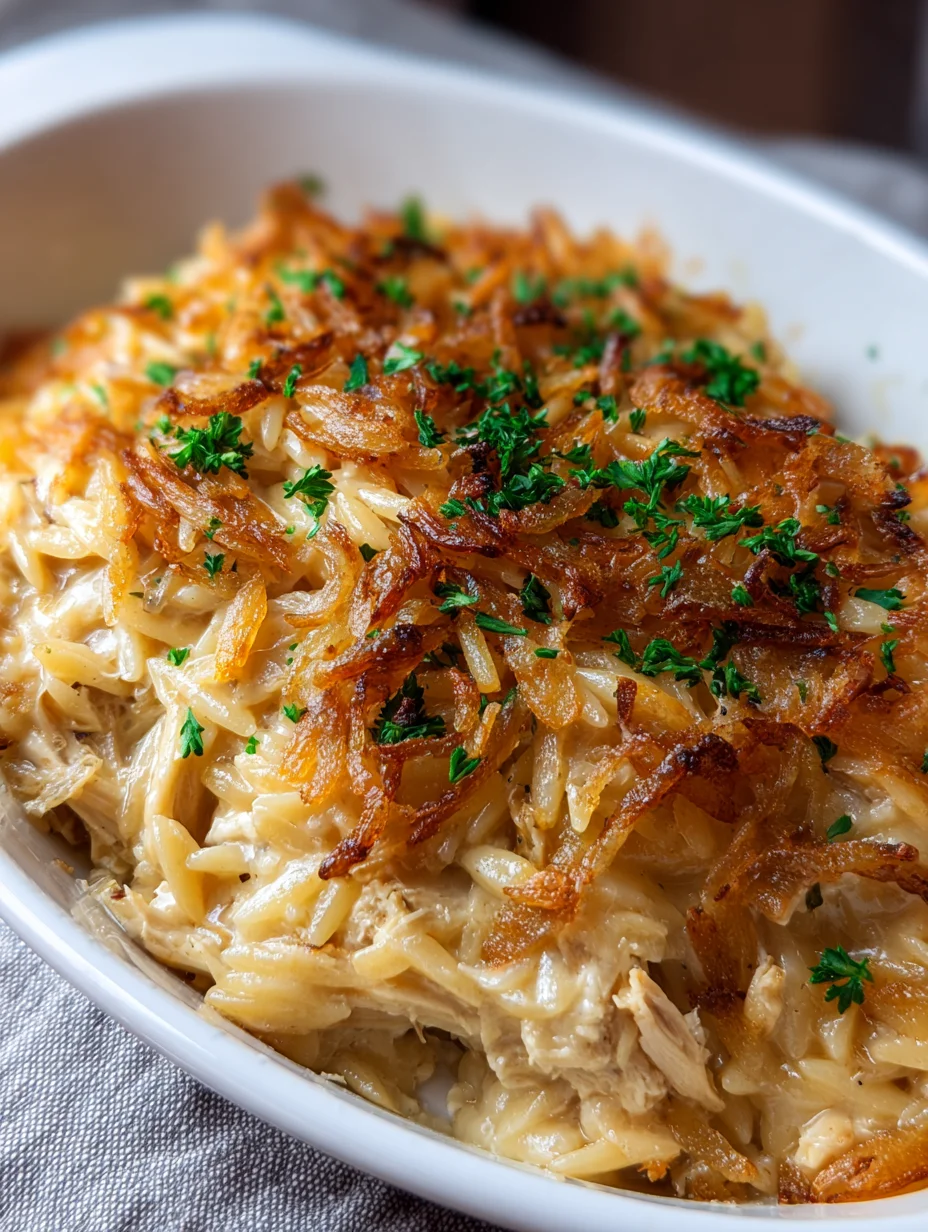 French Onion Chicken Orzo Casserole