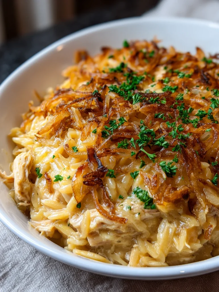 French Onion Chicken Orzo Casserole