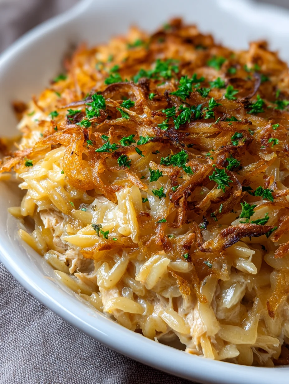 French Onion Chicken Orzo Casserole
