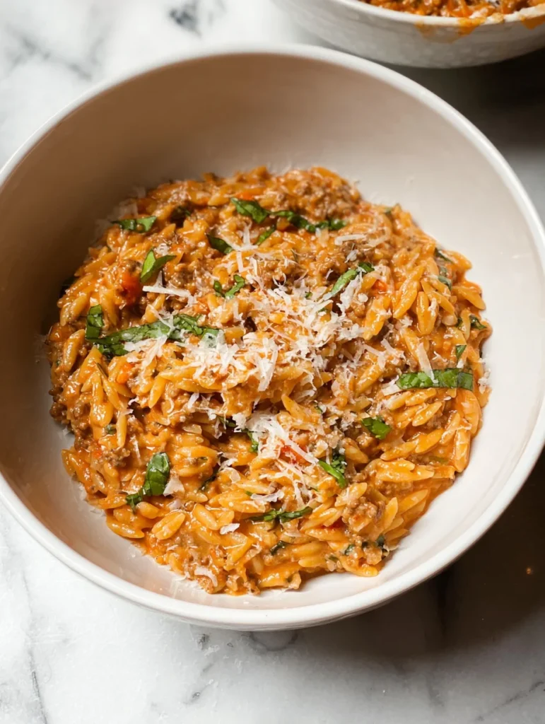 Ground Beef Orzo with Tomato Cream Sauce