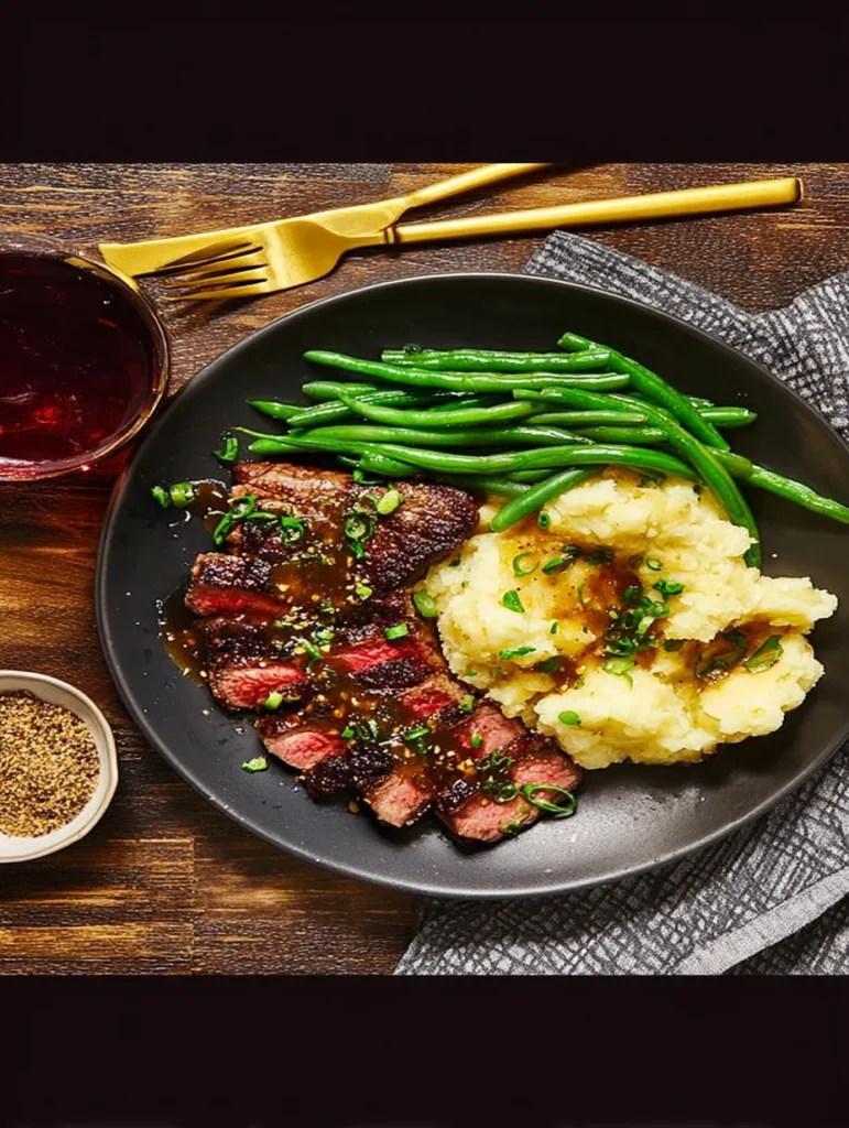 Ribeye and Roasted Garlic Pan Sauce with Mashed Potatoes and Green Beans