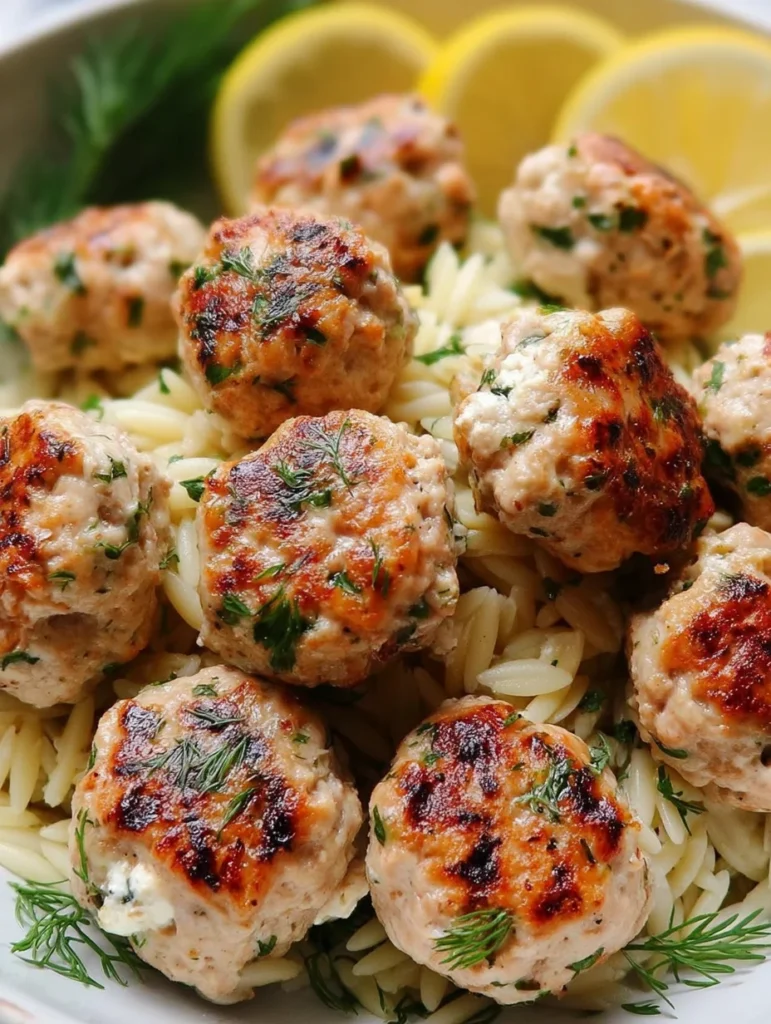 Greek Chicken Meatballs with Lemon Orzo