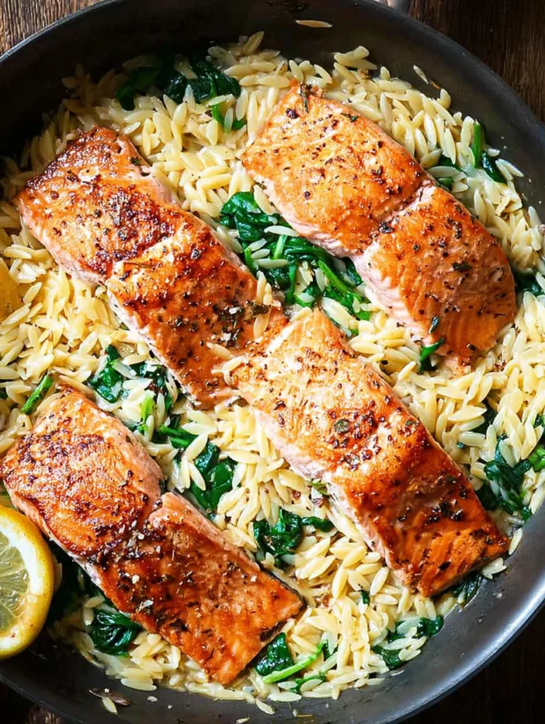 One Skillet Salmon with Lemon Orzo