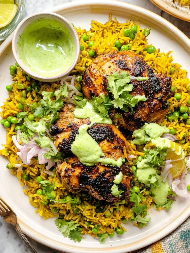 Peruvian Chicken and Rice with Green Sauce