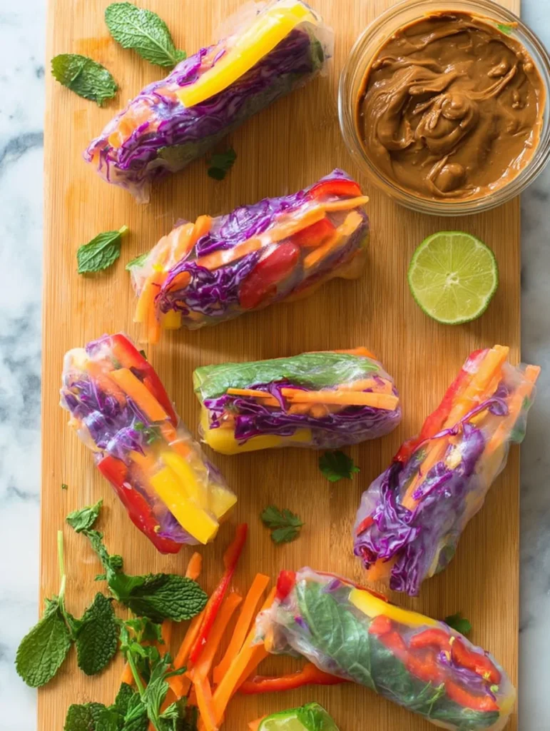 Rainbow Spring Rolls with Ginger Peanut Sauce