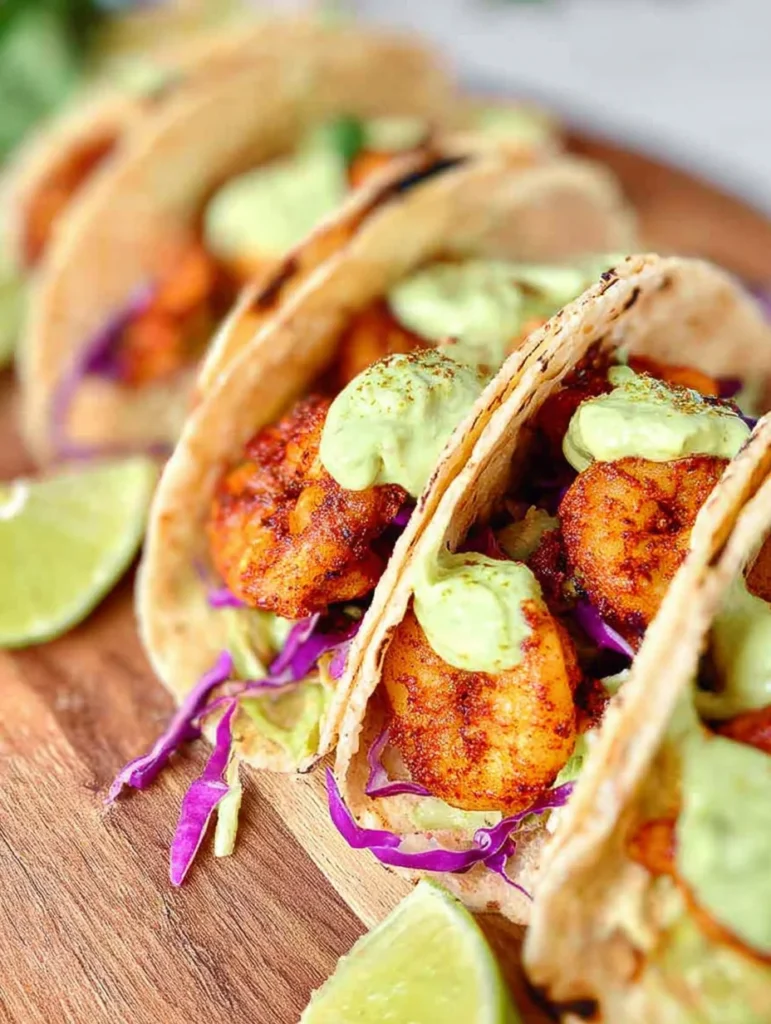 Spicy Shrimp Tacos with Avocado Crema